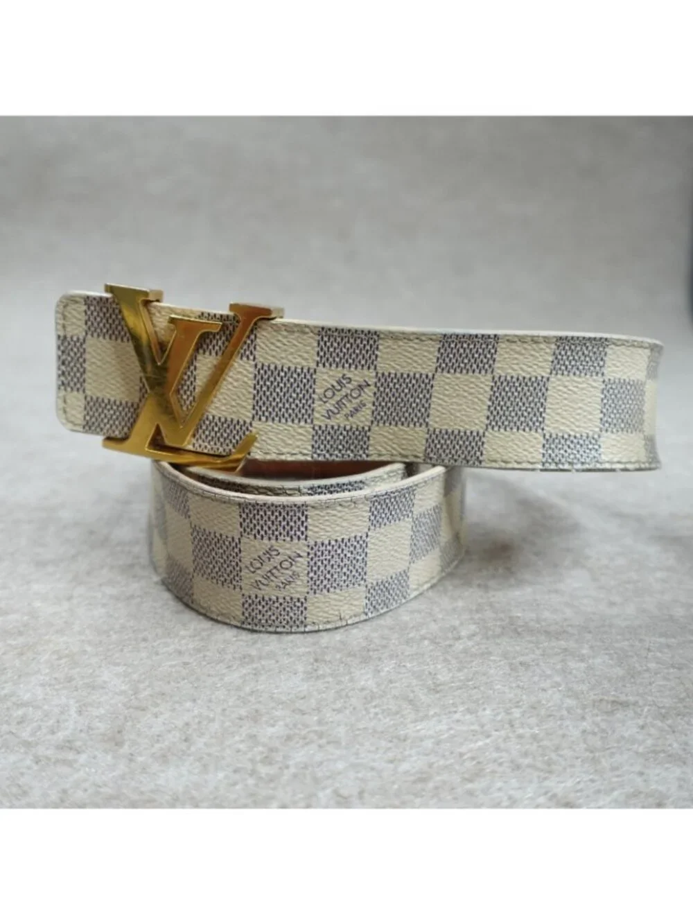 Louis Vuitton Belt 38 White Canvas Leather Checkered Damier Azur Made in Spain